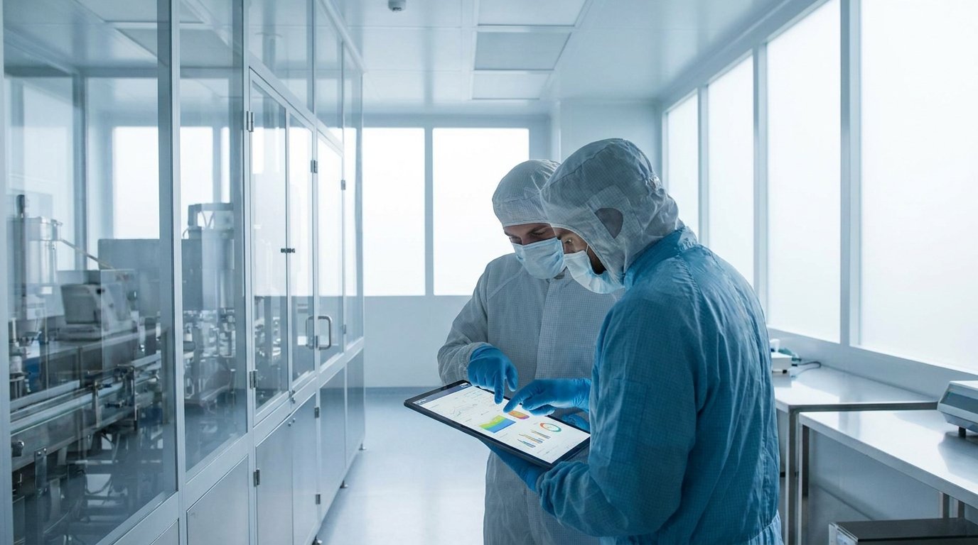 Two engineers collaborating on energy data in a clean lab