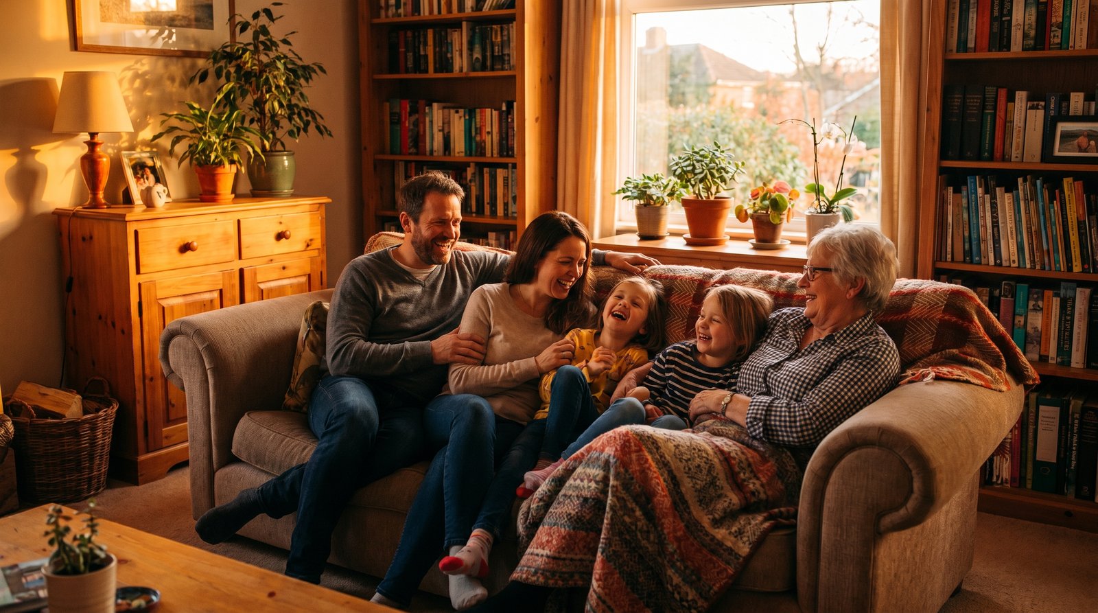 A multi-generational family relaxing together in a warm living room