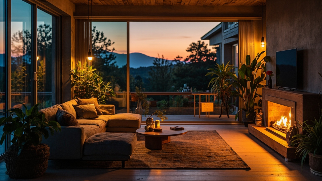 Warm modern living room at dusk with energy-efficient lighting