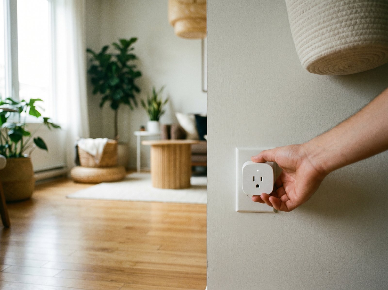 A hand plugging a smart energy device into a wall socket