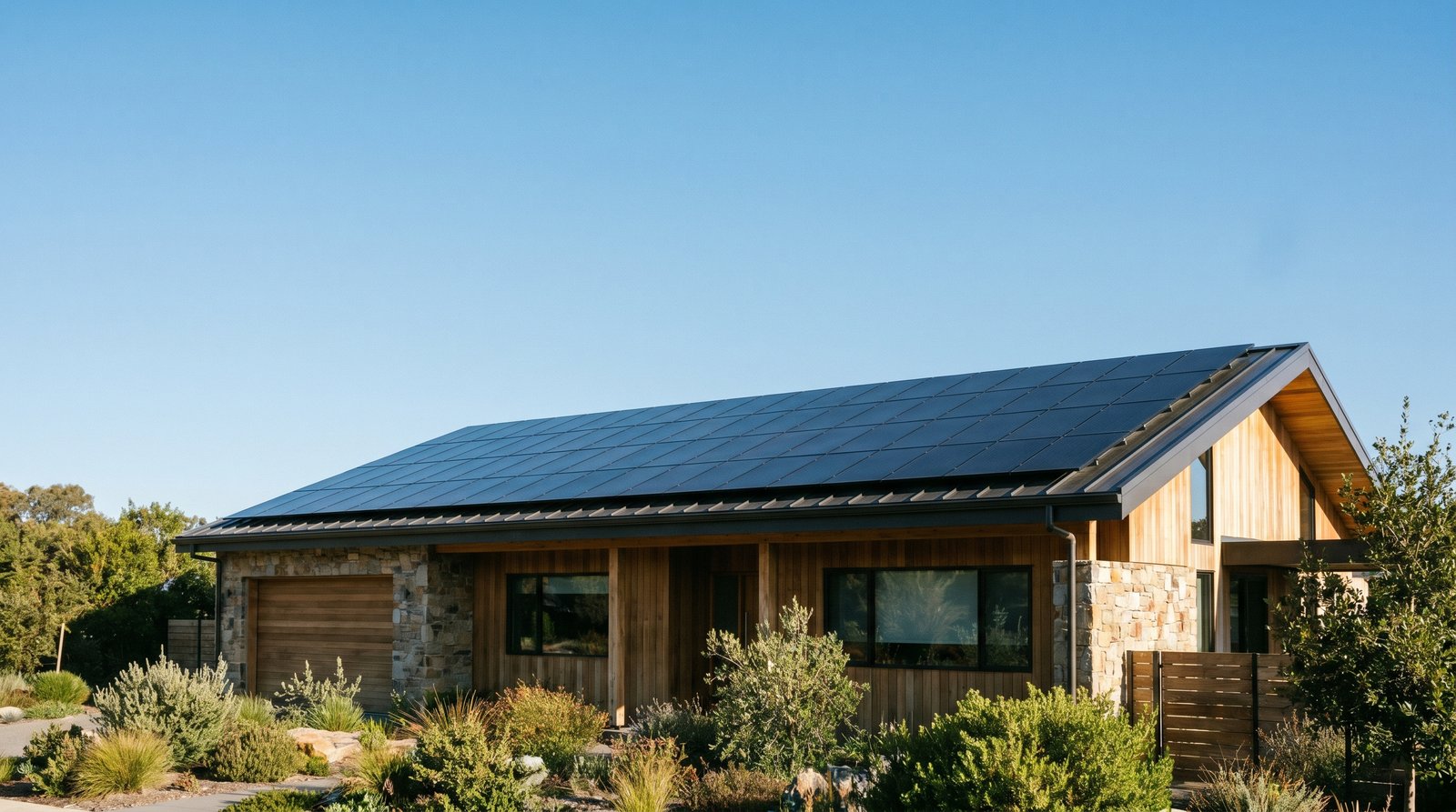 Modern home with rooftop solar panels and battery storage