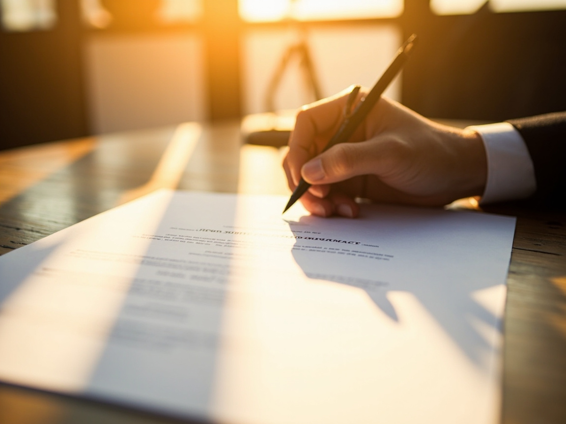 A hand signing a contract document on a wooden desk